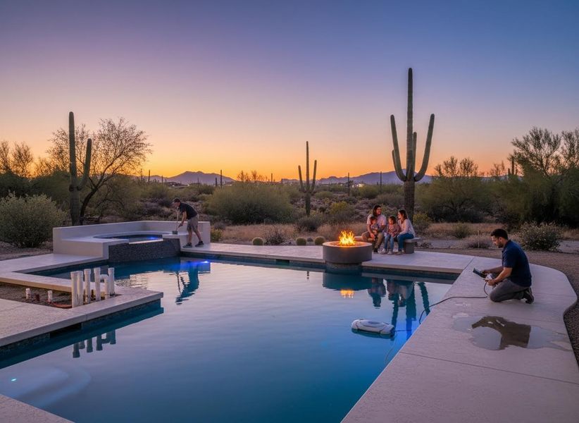 Modern Desert Pool with Family Relaxation and Maintenance at Sunset