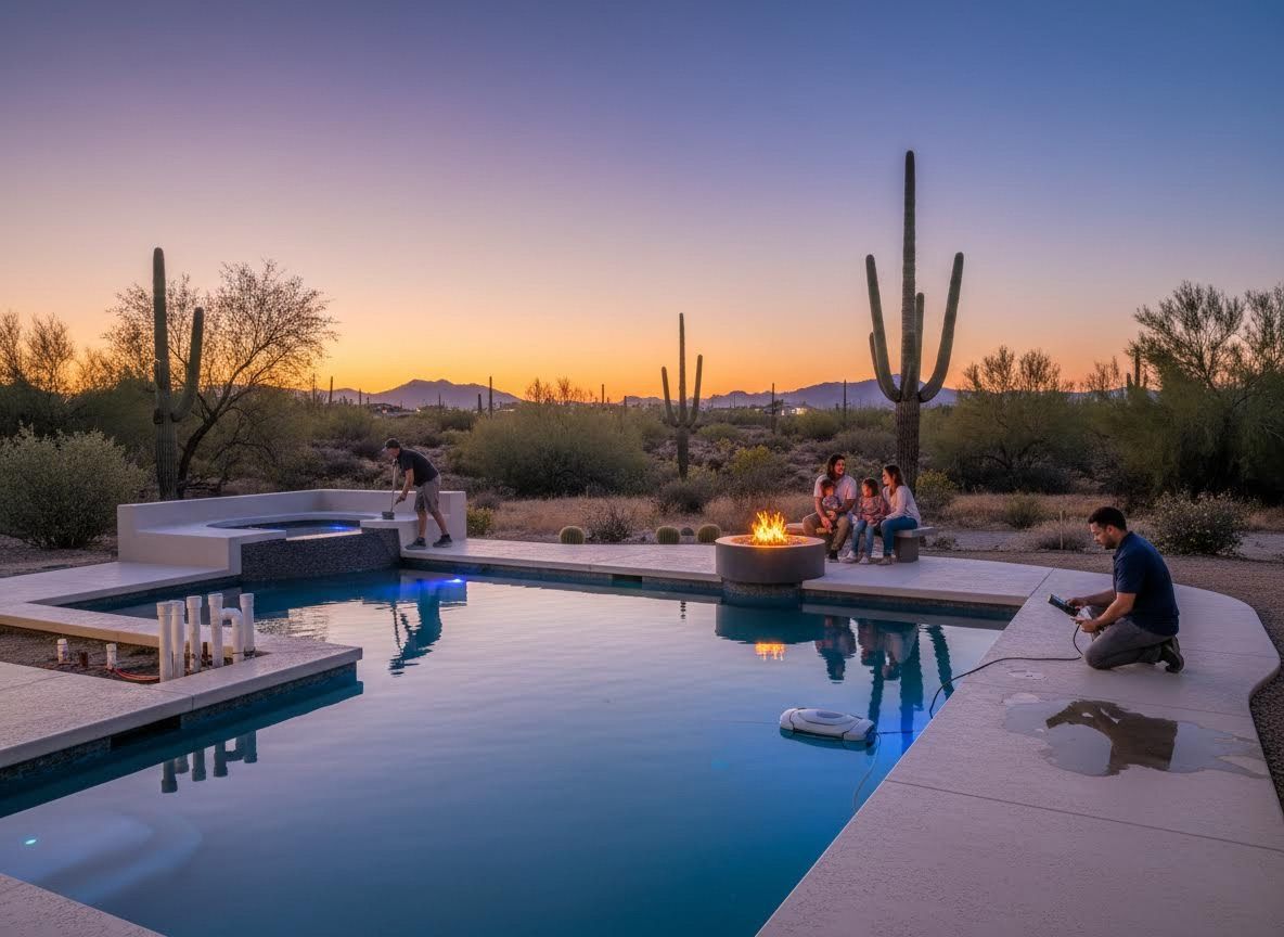 Modern Desert Pool with Family Relaxation and Maintenance at Sunset