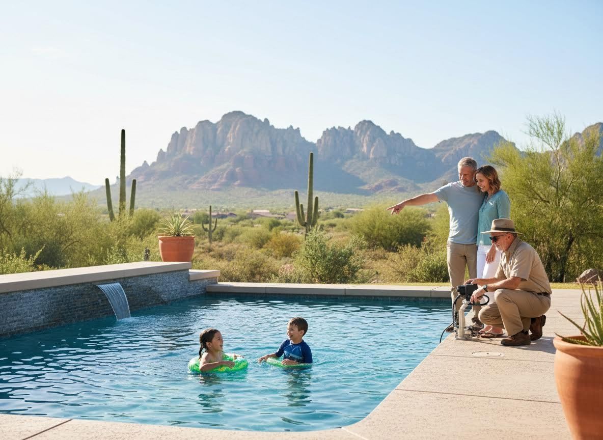 Family enjoying a pool day in a desert landscape with mountain views