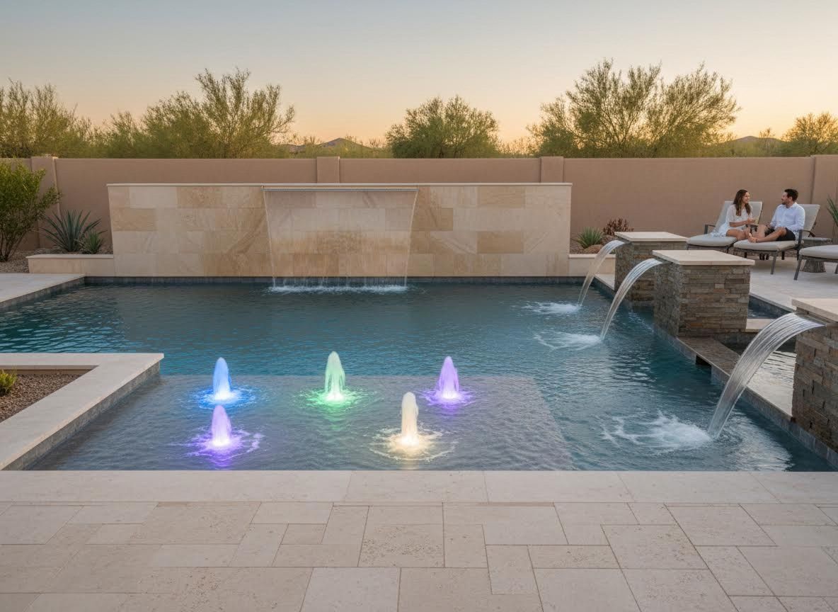 Backyard Oasis with Illuminated Pool and Water Features