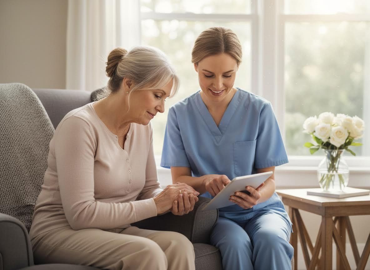 Caregiver Assisting Senior Woman with Tablet