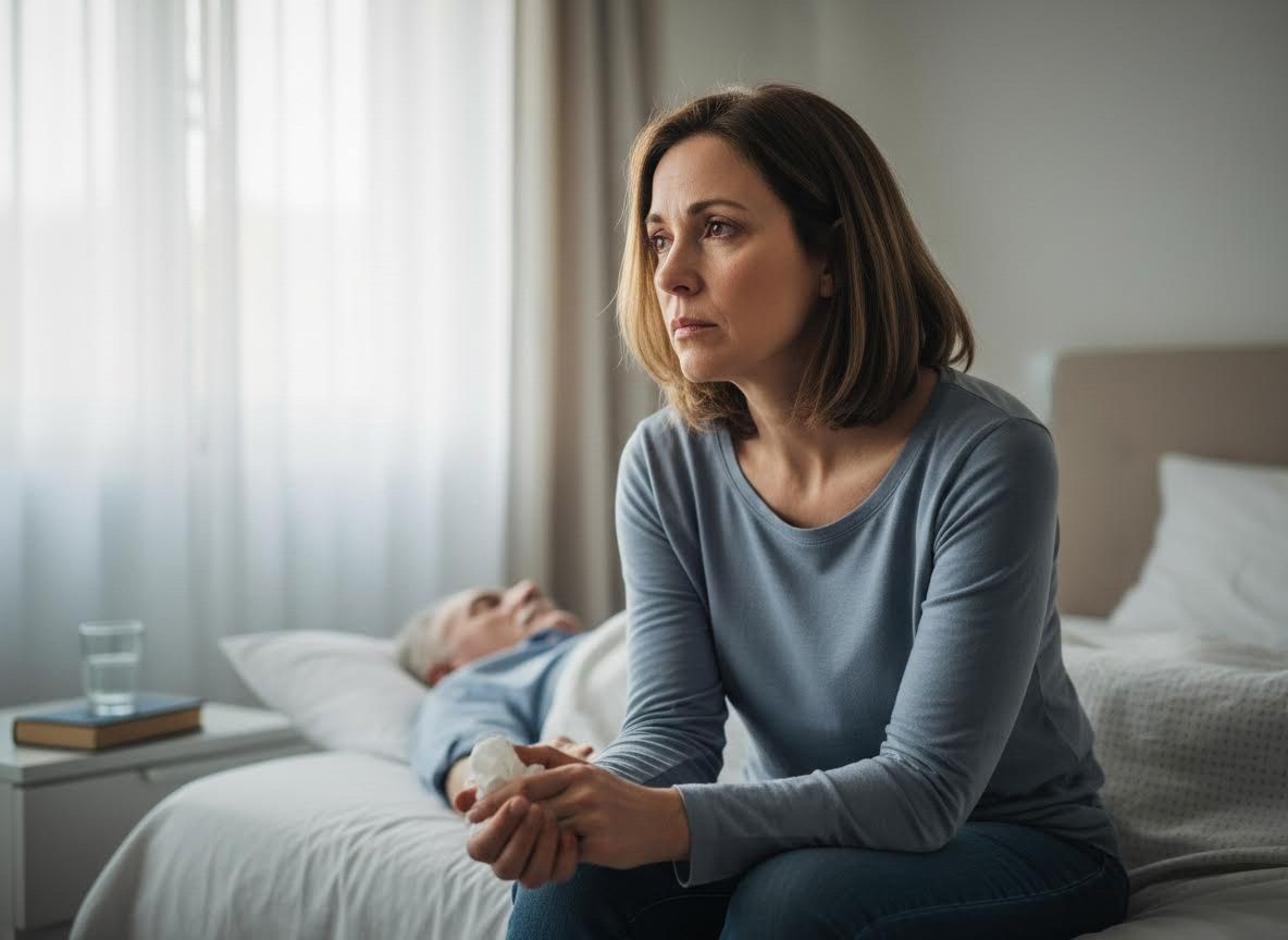 Worried woman sits by man in bed