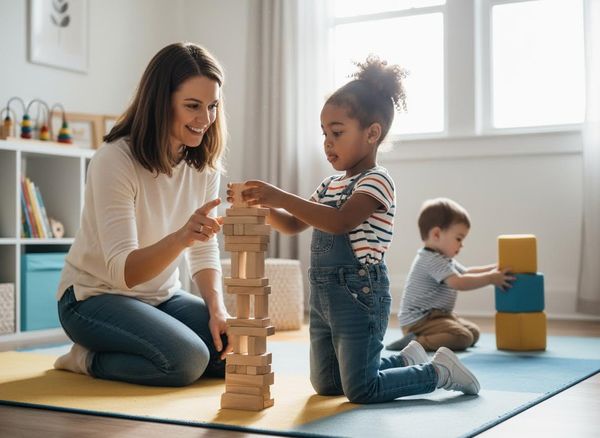 Woman and children playing with building blocks