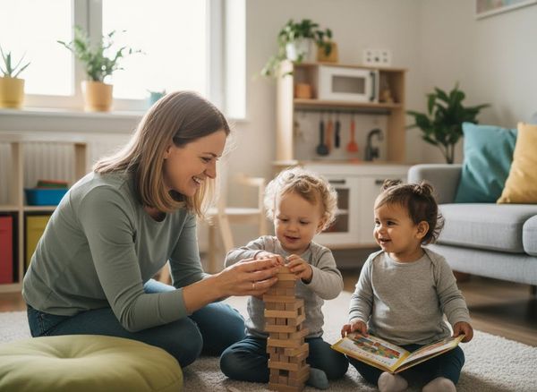 Adult playing with two toddlers and toys