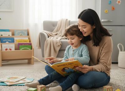Mother and child reading a book on the floor