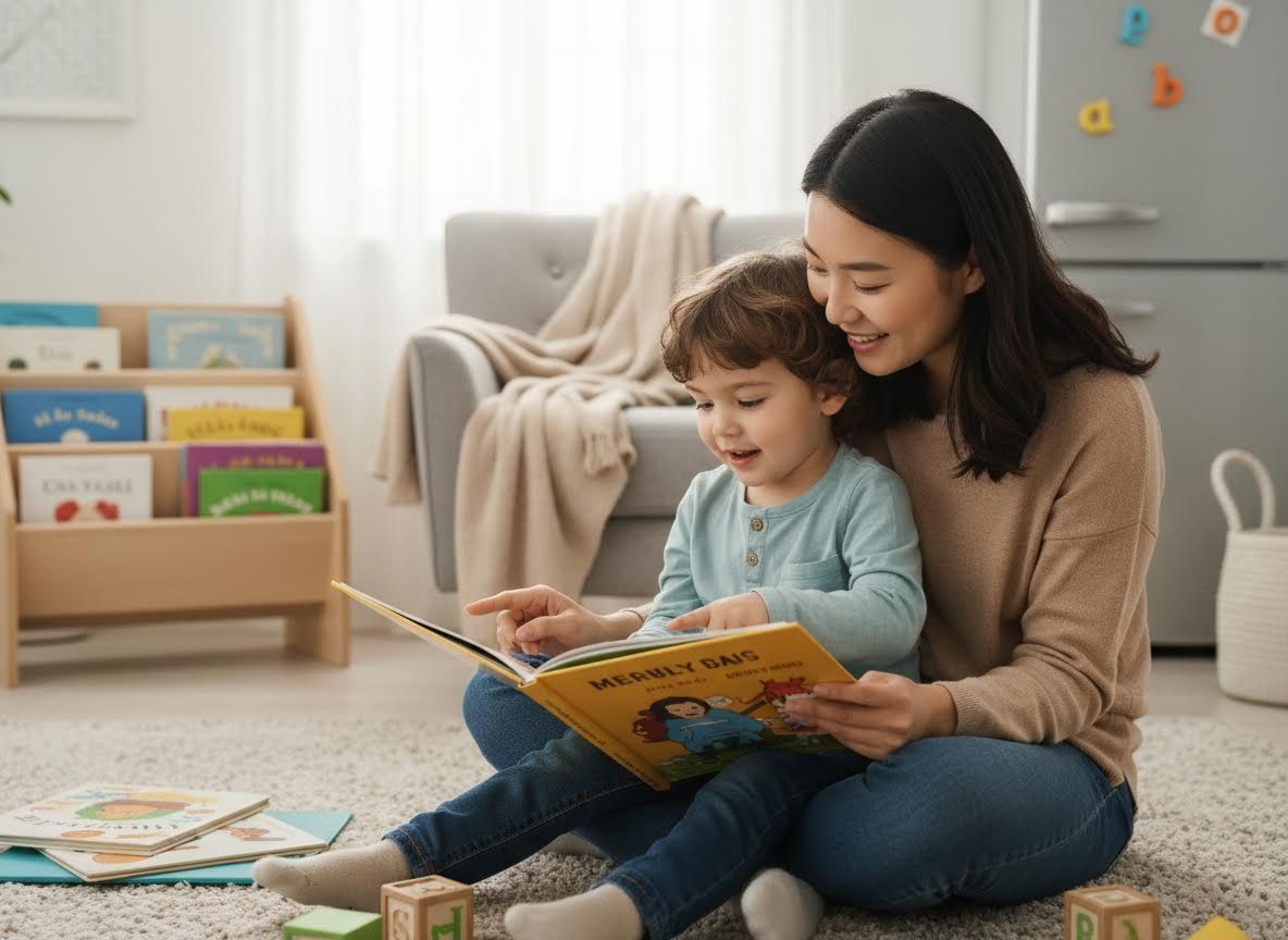 Mother and child reading a book on the floor