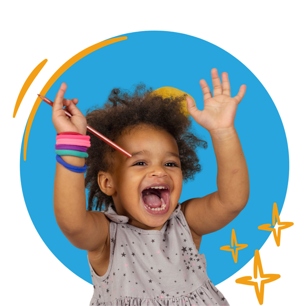 young girl holds up arms 