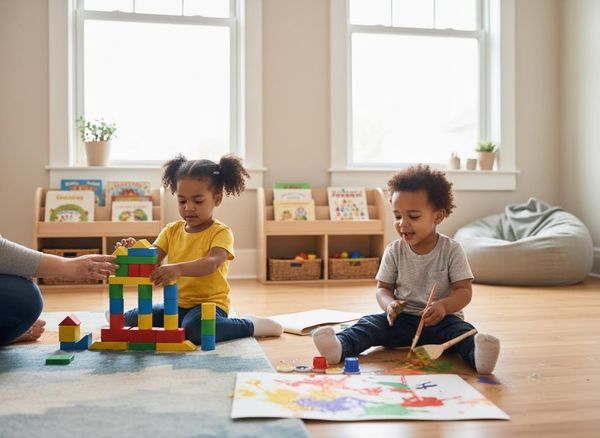 Toddlers playing with blocks and paint