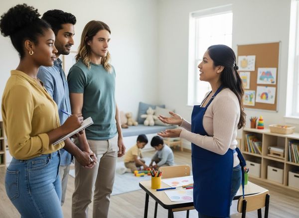 Diverse adults discuss childcare with a teacher in a bright classroom