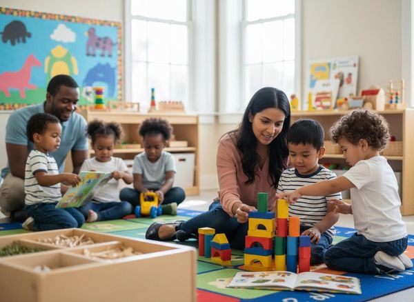 Teachers and diverse preschoolers engaged in classroom activities