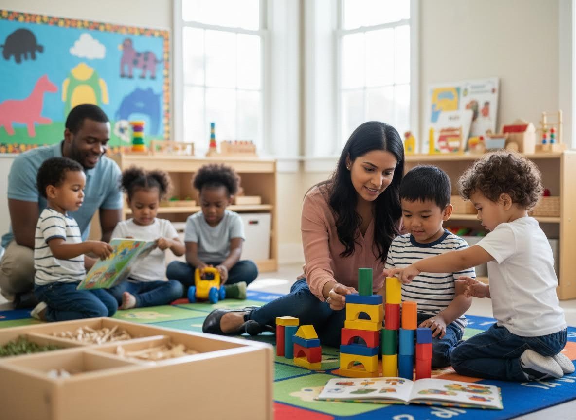 Teachers and diverse preschoolers engaged in classroom activities