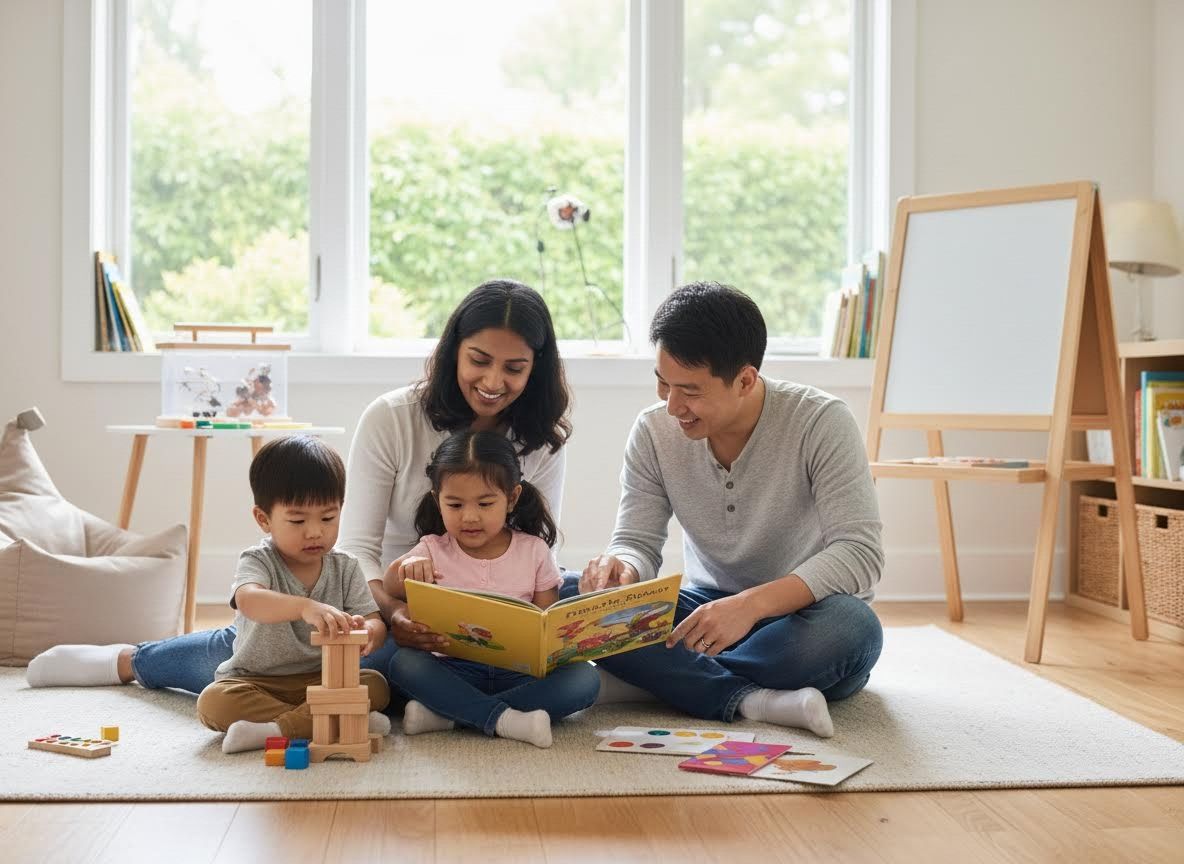 Family reading and playing on the floor