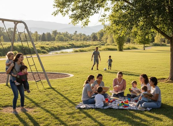 Families playing and reading together in a sunny park