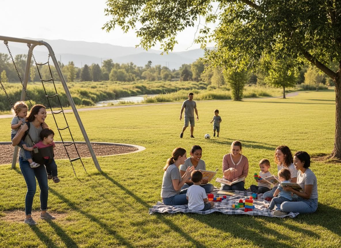 Families playing and reading together in a sunny park