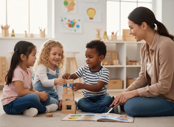 Diverse children playing with blocks and reading with a teacher