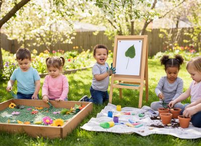 Kids doing outdoor sensory art and gardening