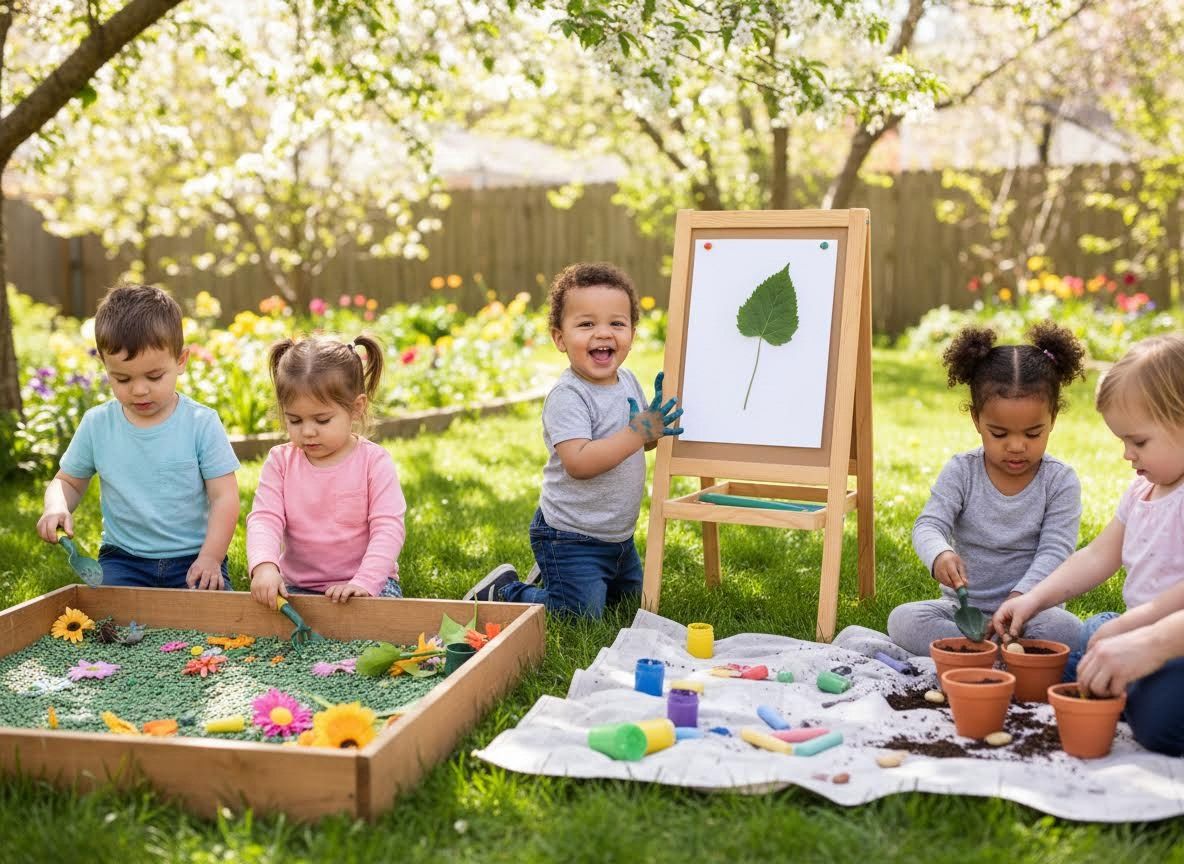 Kids doing outdoor sensory art and gardening