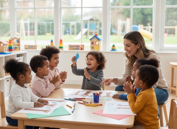 Teacher and diverse preschool children during art activity