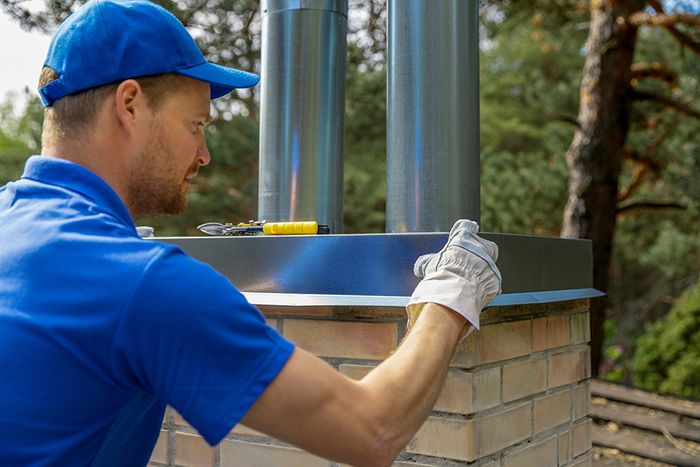 man putting metal on chimney