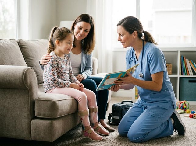 Pediatric nurse reads to a child with leg braces and her mother at home