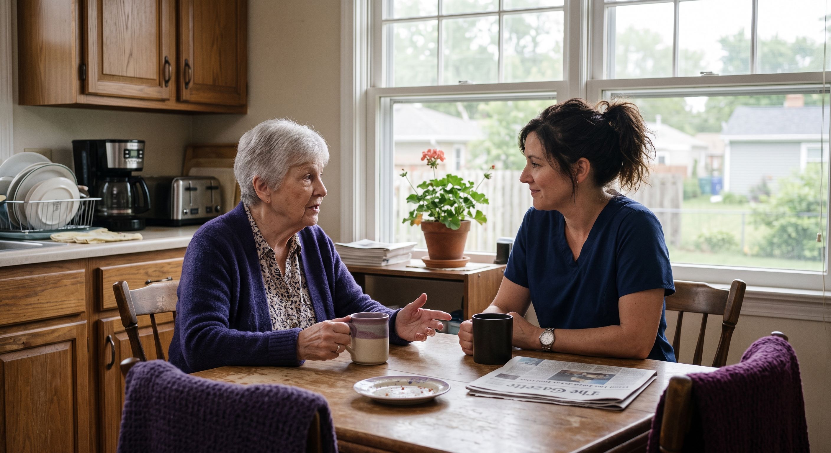 Heart of Angels caregiver talking with a client over coffee at her kitchen table in Cedar Rapids, Nebraska