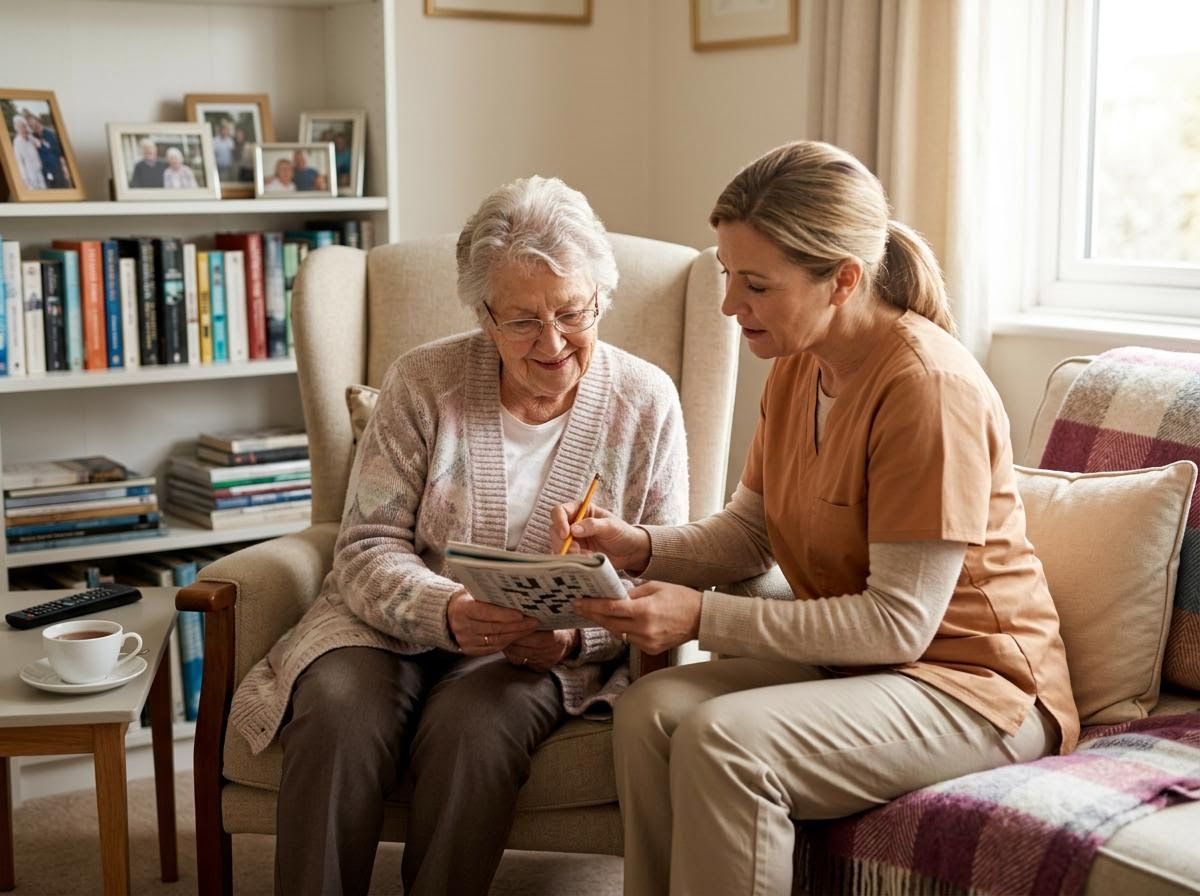 Senior Woman and Caregiver Solving Crossword Puzzle