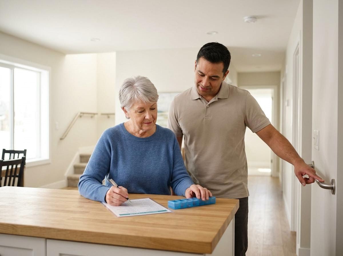 Caregiver helping senior woman with medication management