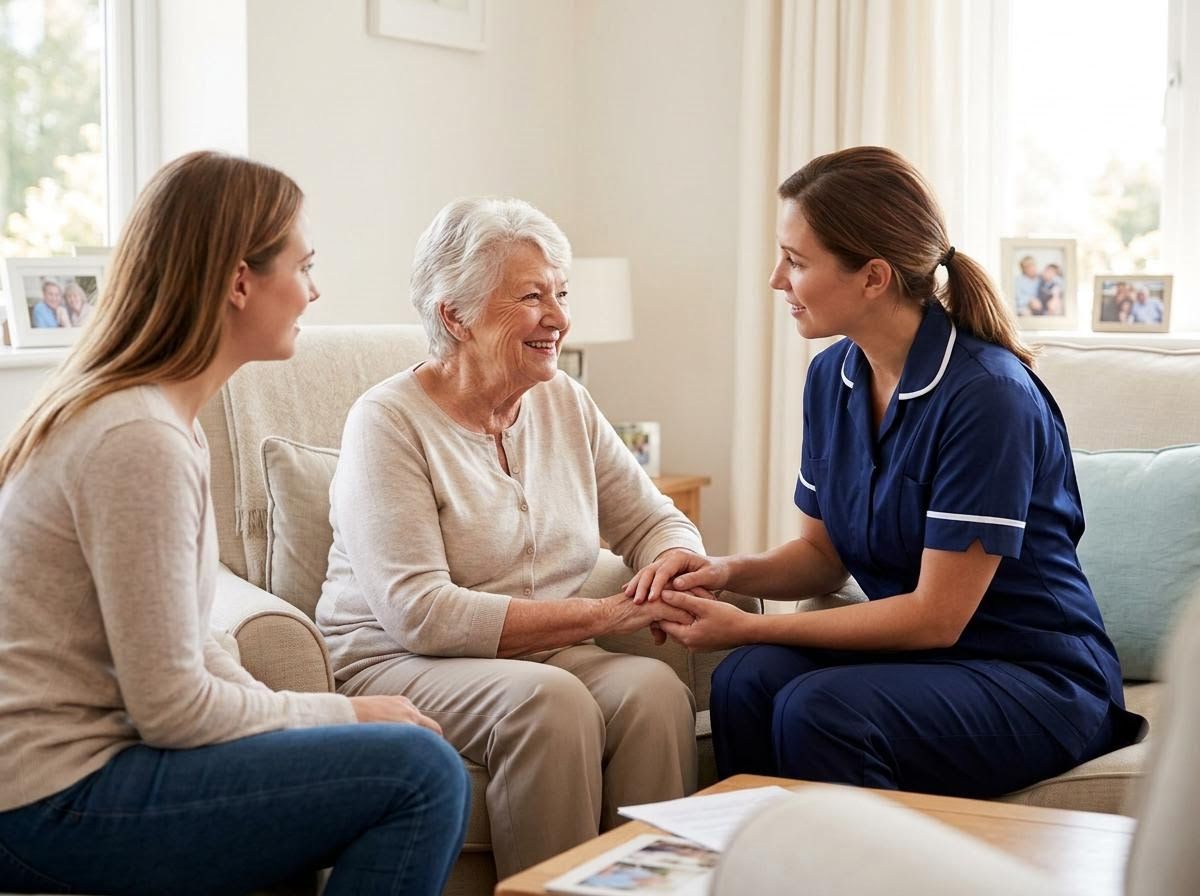 Caregiver, Senior Woman, and Family in Living Room