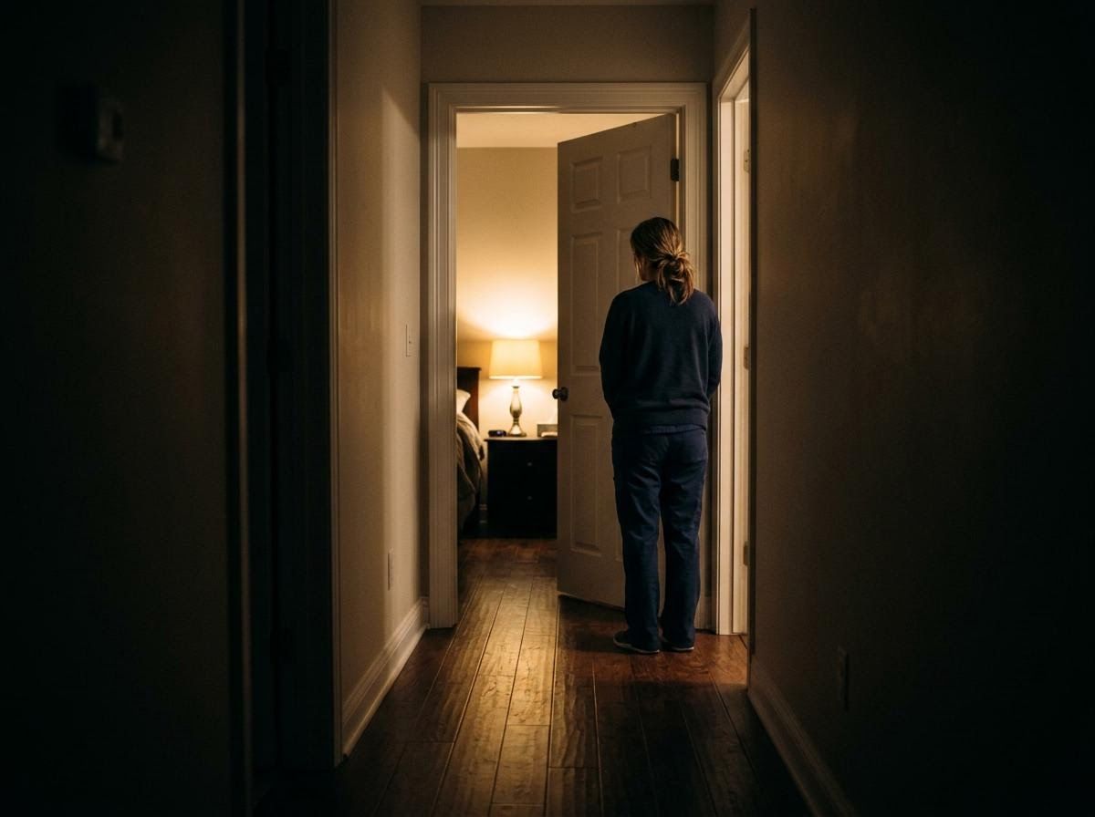 Heart of Angels caregiver checking in quietly during overnight in-home care at a client's home in central Nebraska