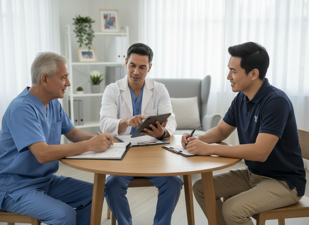 Doctor reviews tablet with patient and colleague