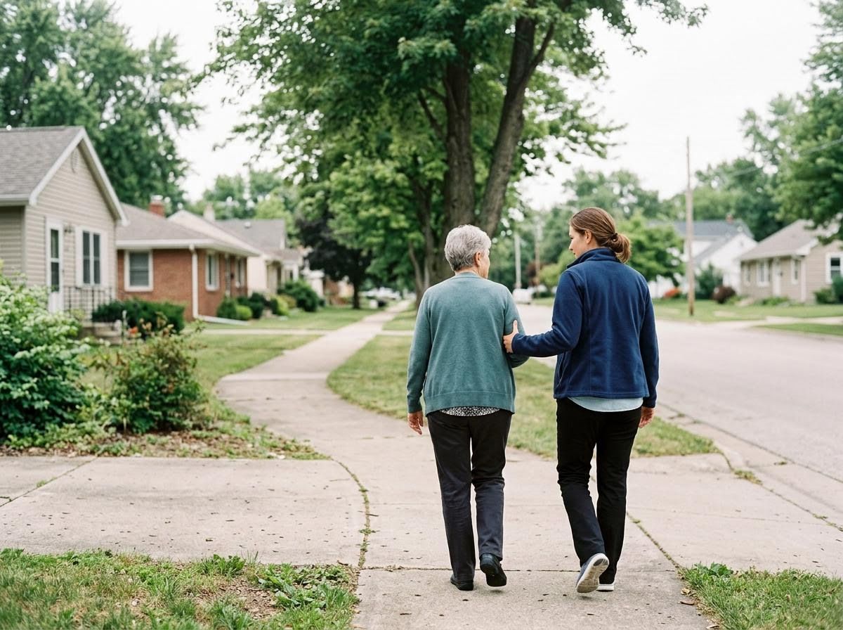 Heart of Angels caregiver walking with a client on a neighborhood sidewalk, providing mobility and fall prevention support