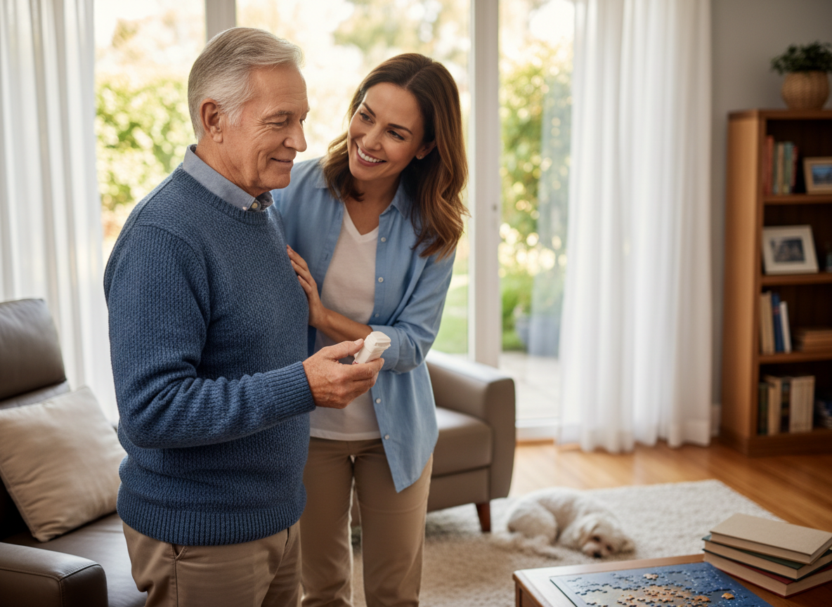 Caring daughter assists elderly father with medication