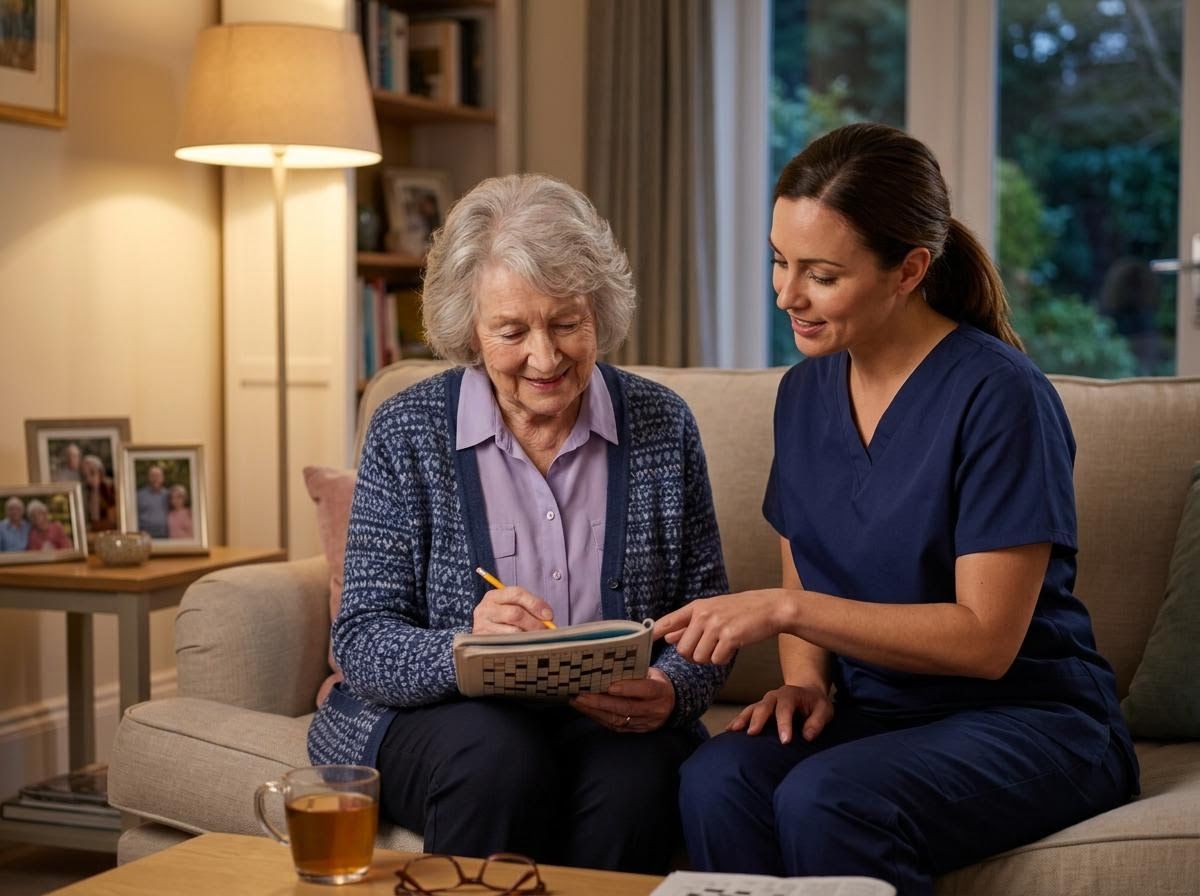 Elderly Woman and Caregiver Solving Crossword Puzzle