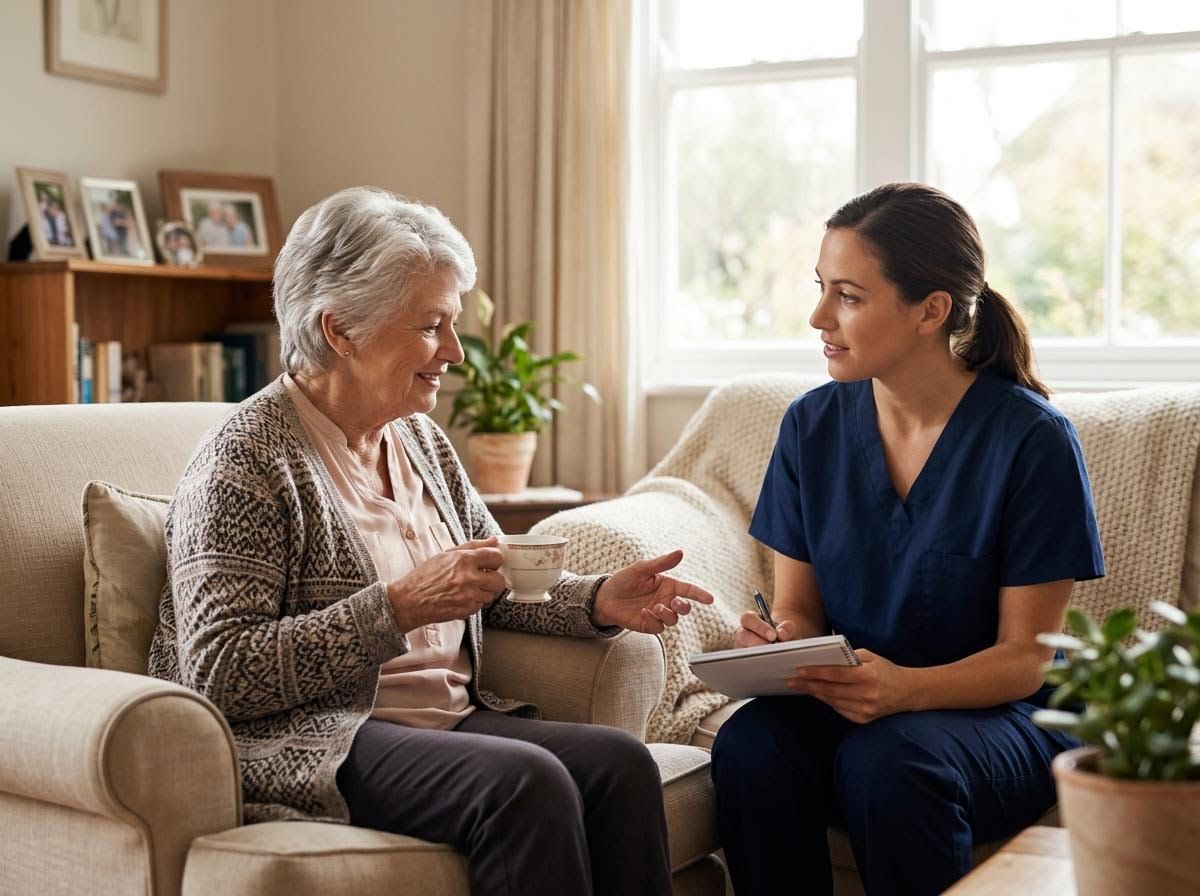 Caregiver Talking with Senior Woman at Home