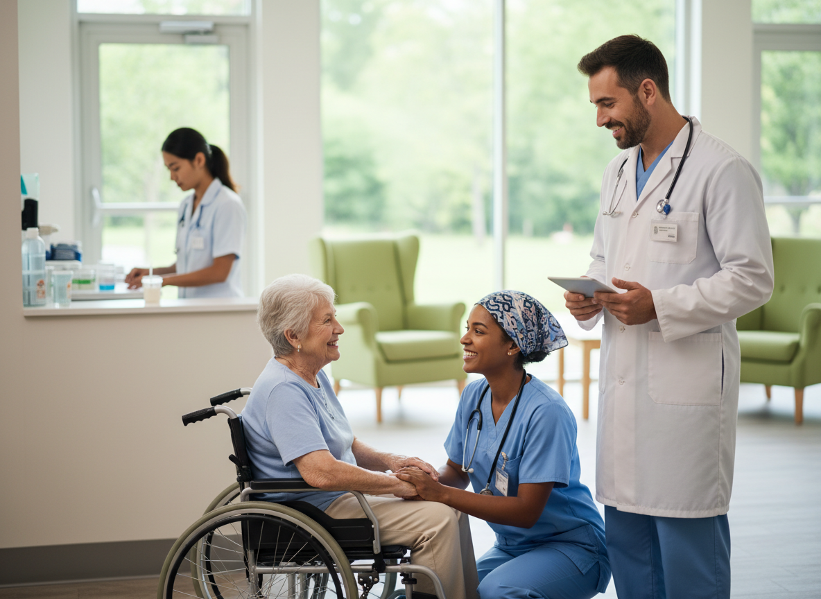 An elderly woman in a wheelchair smiles while conversing with a kneeling nurse and a standing doctor in a bright healthcare facility. Elderly Woman Interacting with Medical Staff
