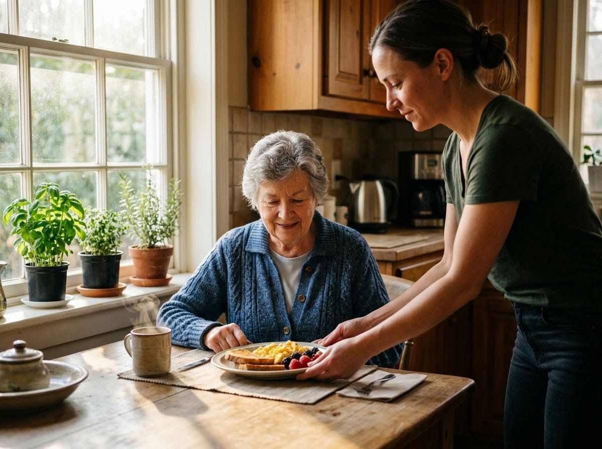 Heart of Angels caregiver serving a home-cooked breakfast to an in-home care client in central Nebraska