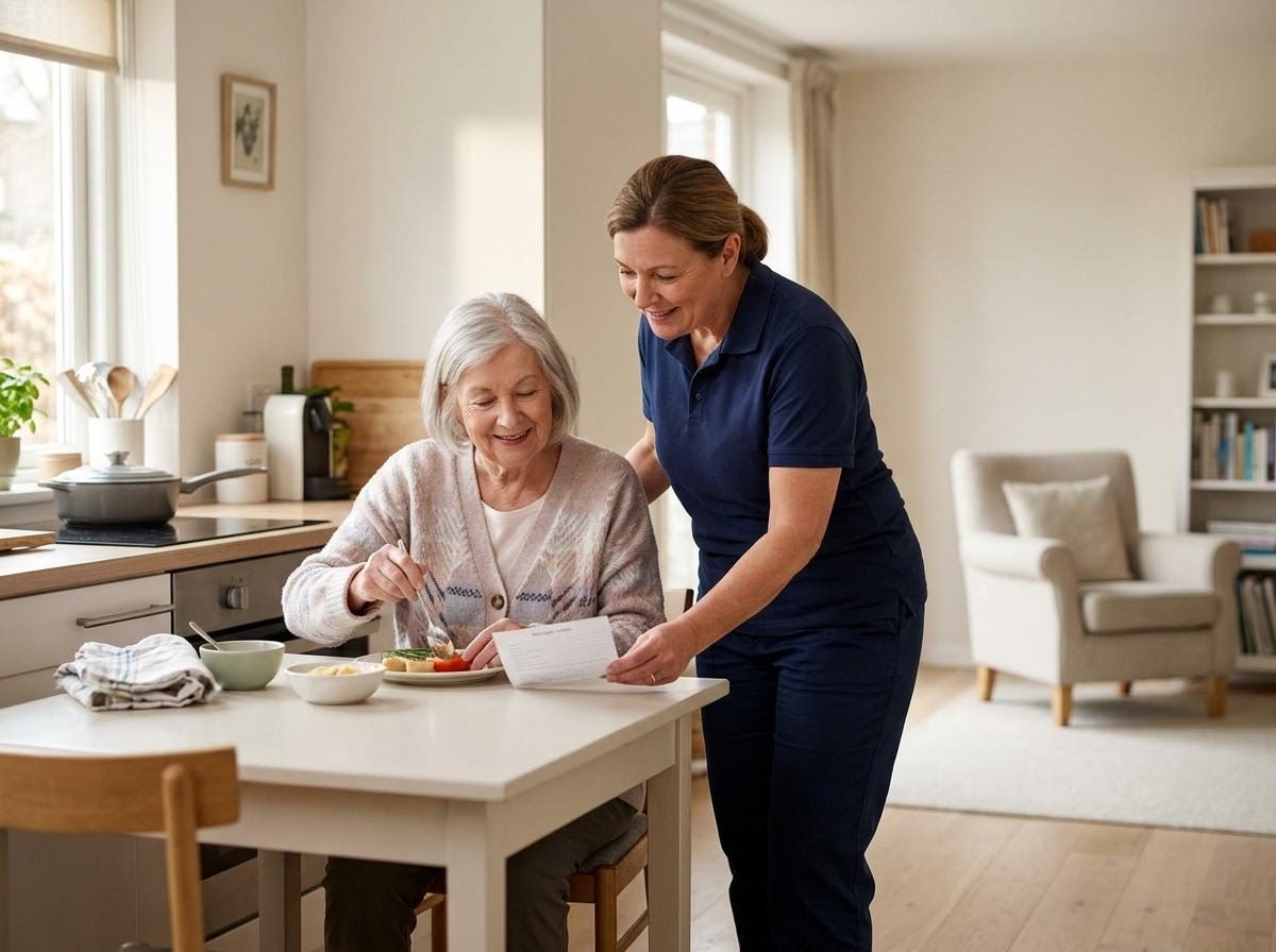Senior woman and caregiver at mealtime reviewing documents