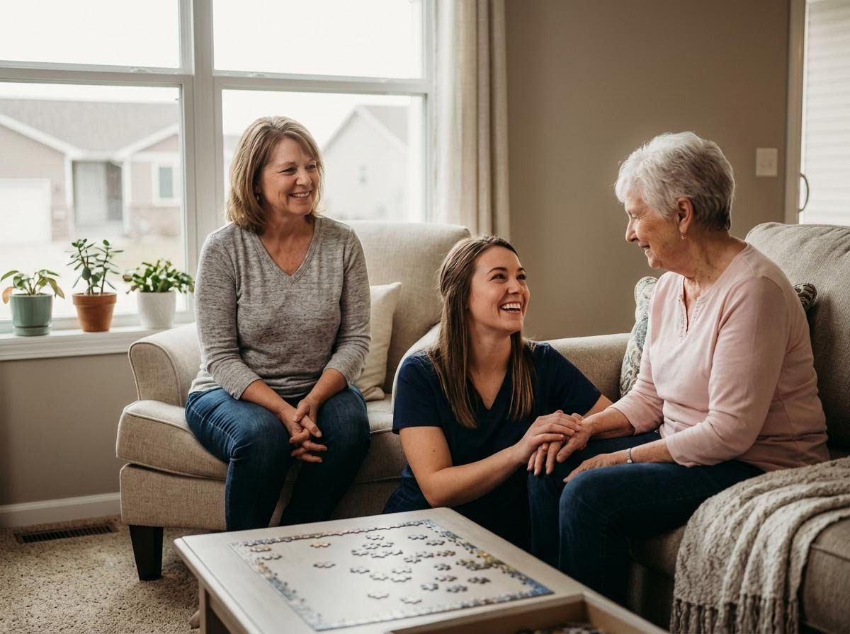 Heart of Angels caregiver discussing a personalized home care plan with a family member in central Nebraska