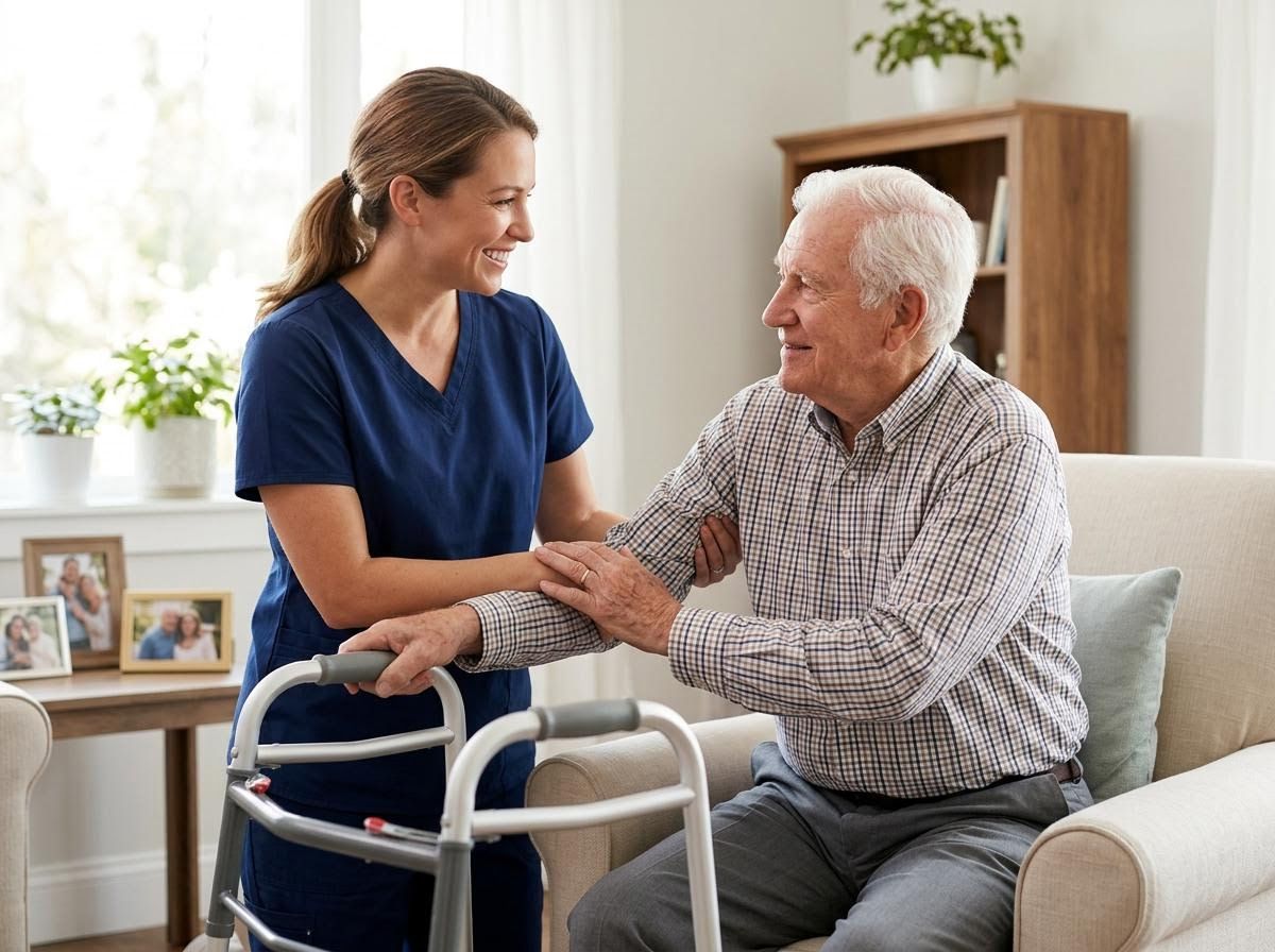 Caregiver Assisting Elderly Man at Home