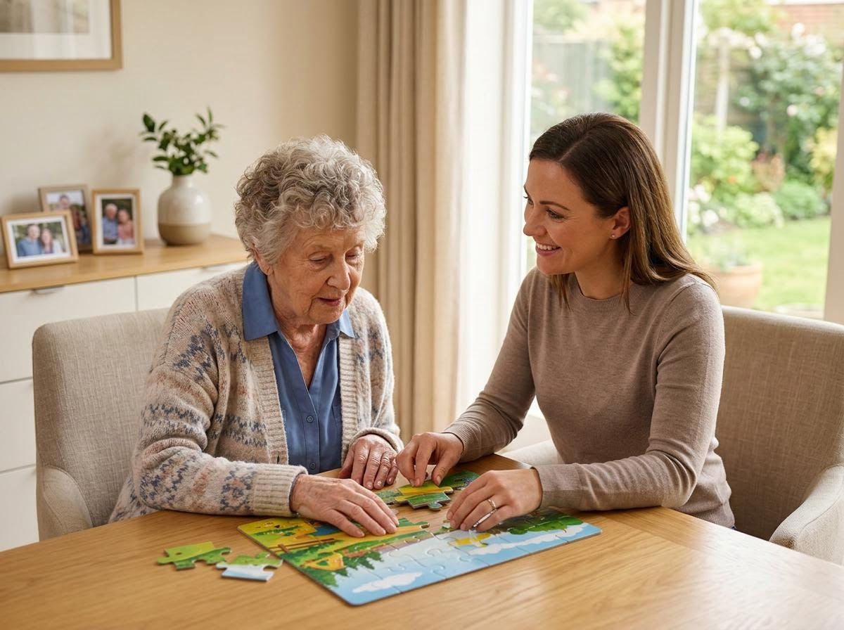 Elderly woman and younger woman doing a jigsaw puzzle