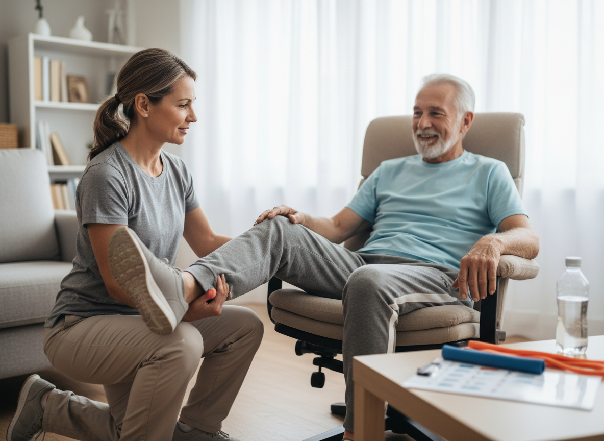 Physical therapy session for senior man at home