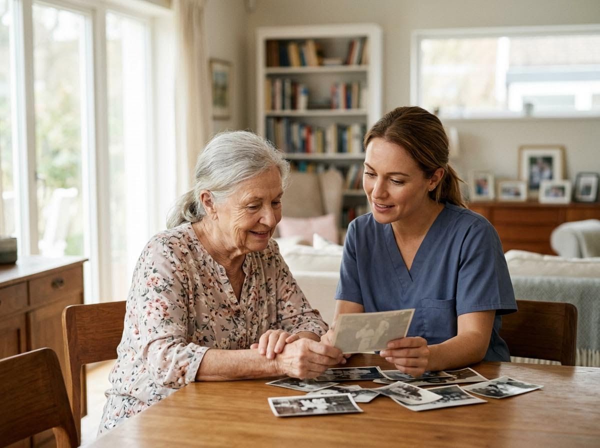 Caregiver and Senior Woman Looking at Photos