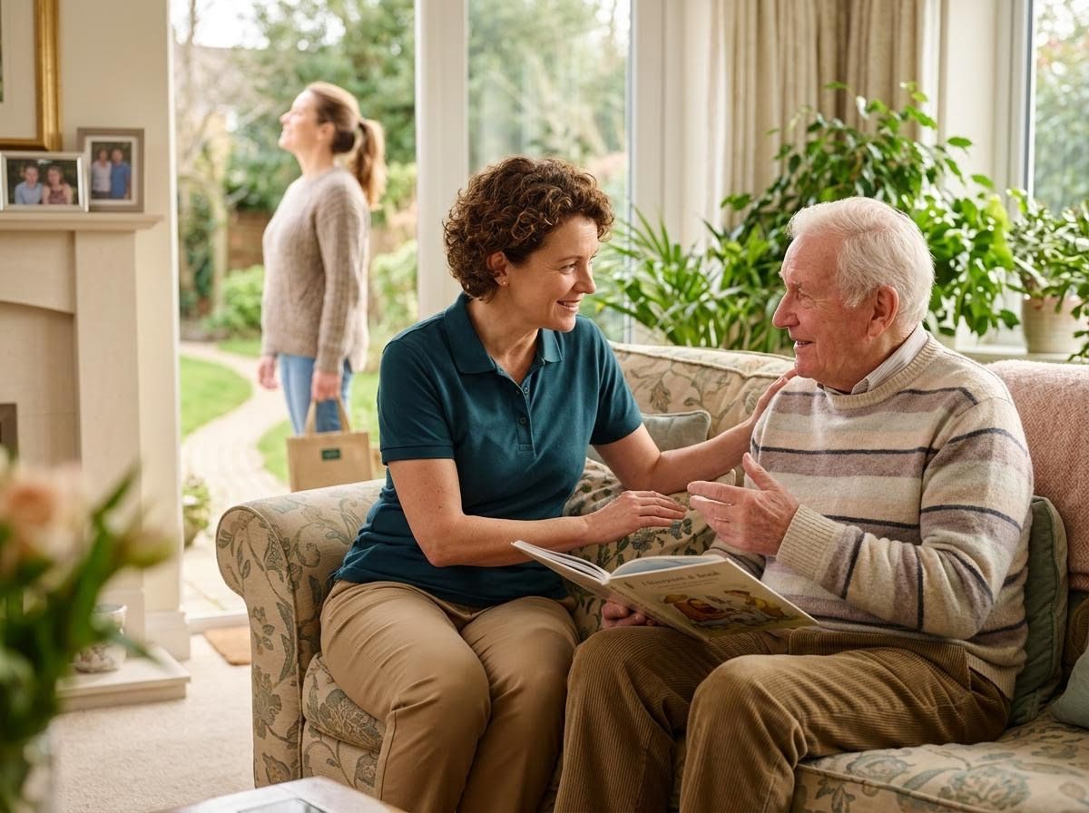 Caregiver and Senior Reading Together in Living Room