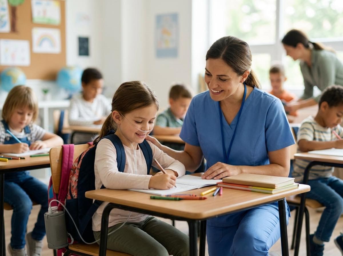 Happy girl with oxygen cannula and nurse in classroom