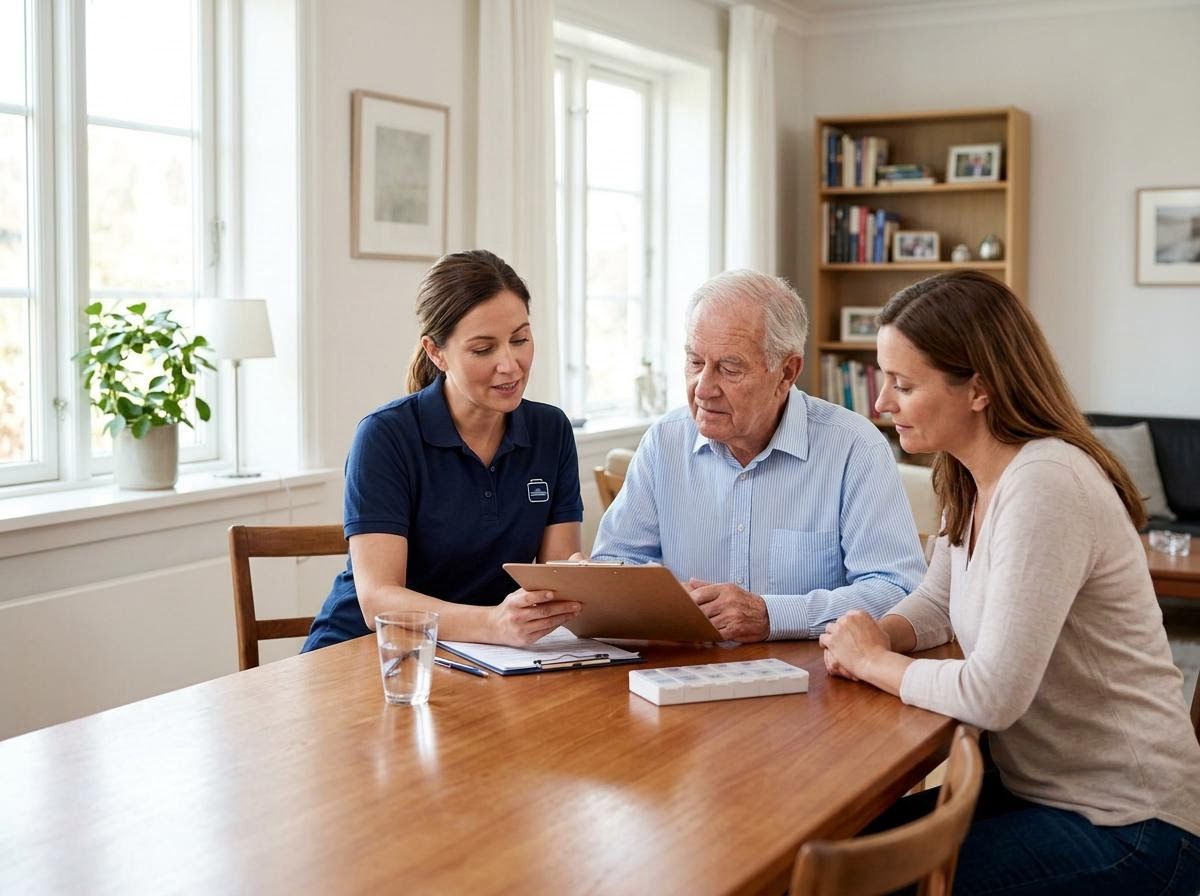 Home care professional discussing plans with a senior man and his family