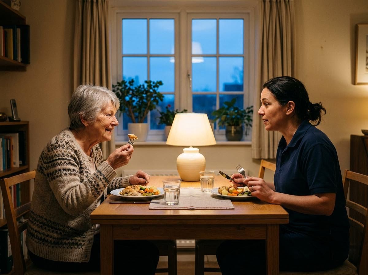 Heart of Angels caregiver sharing an evening meal with an in-home care client in Cedar Rapids, Nebraska