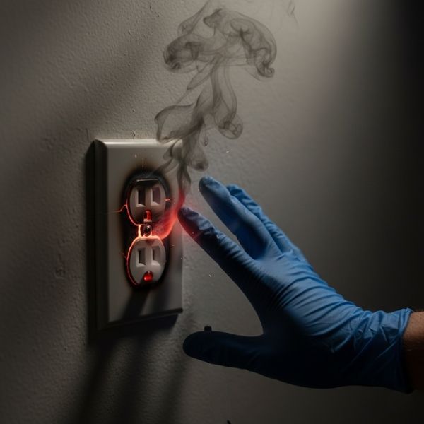A hand in a blue glove reaching towards an electrical outlet that is sparking and smoking, showing signs of severe damage and overheating.