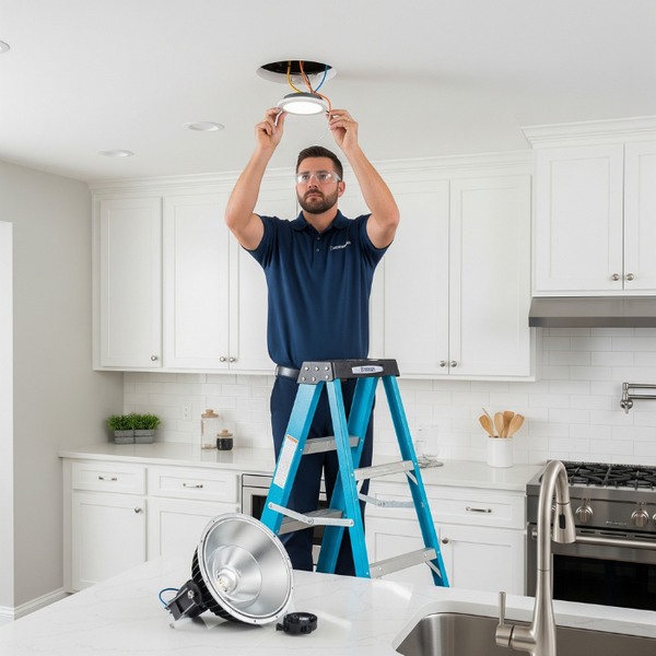 Electrician Installing a Recessed LED Light Fixture in a Kitchen
