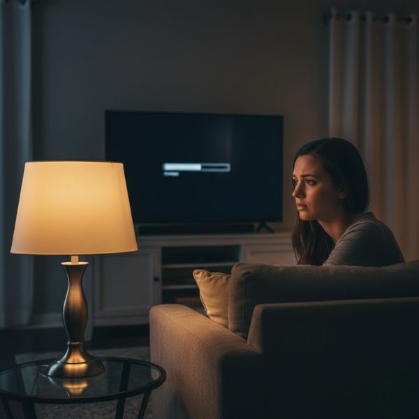 A concerned woman sitting on a sofa in a dimly lit living room, looking at a TV screen that shows a loading icon, with a flickering table lamp.