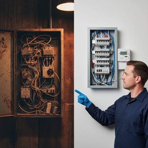 eletrictian pointing to an outdated electric panel to indicate its the problem